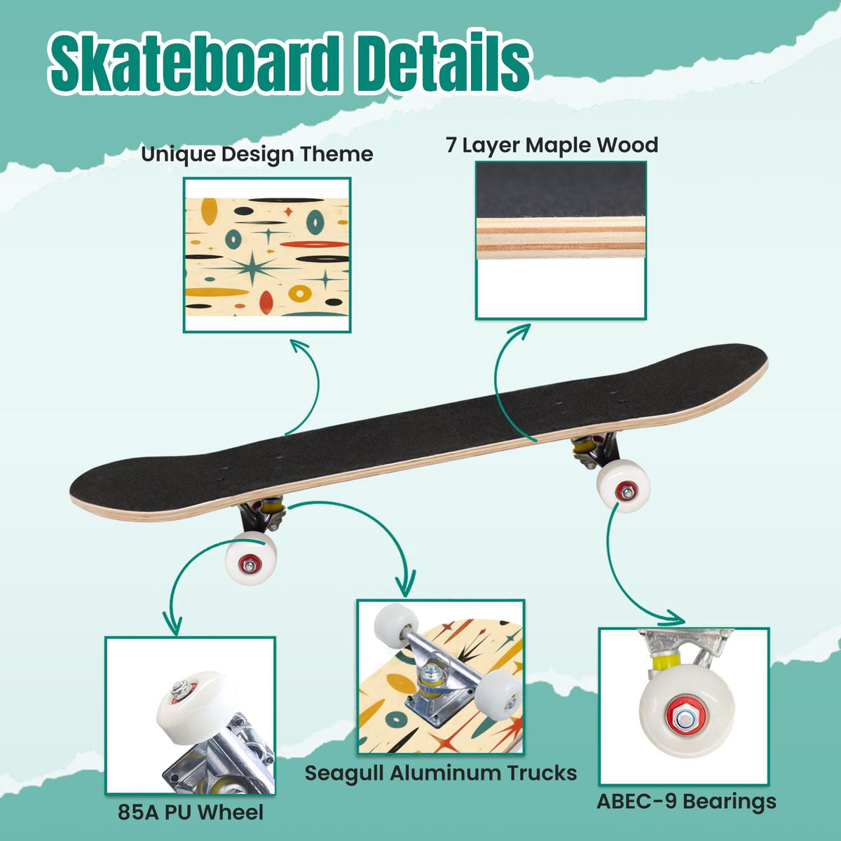 Modern Botanical Watercolor Pink Gold Mint Navy Leaves 31" x 8" Complete Skateboard, 7-Ply Canadian Maple Double Kick Trick Board for Kids and Beginners Adult Gifts