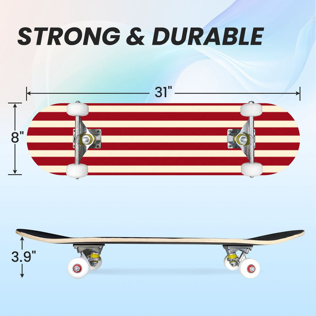 31"x8" Complete Skateboards for Beginners, Red White Vertical Striped Retro Circus Double Kick 7 Ply Canadian Maple Deck Skateboard with Wheels, Gifts for Kids Teens