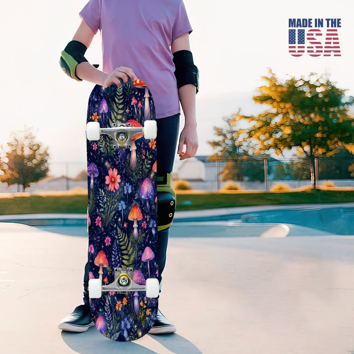31"x8" Complete Skateboards for Beginners, Colorful Mushroom Floral Magical Night Forest Vintage Double Kick 7 Ply Canadian Maple Deck Skateboard with Wheels, Gifts for Kids Teens