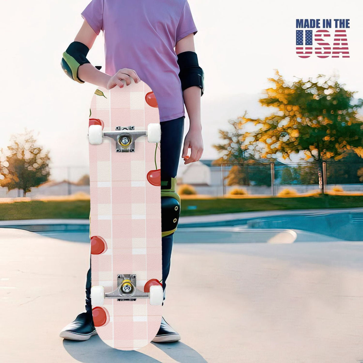 31"x8" Complete Skateboards for Beginners,Pink White Gingham Checkered Subtle Double Kick 7 Ply Canadian Maple Deck Skateboard with Wheels, Gifts for Kids Teens