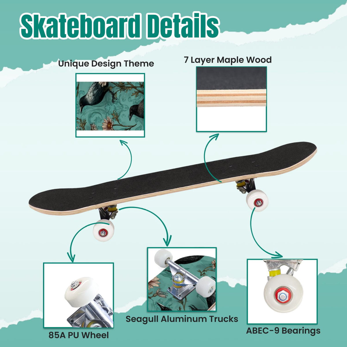 Gothic Purple Blue Floral Dark 31" x 8" Complete Skateboard, 7-Ply Canadian Maple Double Kick Trick Board for Kids and Beginners Adult Gifts