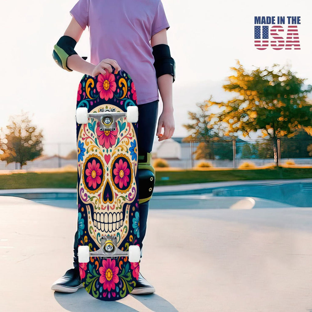 31"x8" Complete Skateboards for Beginners, Colorful Sugar Skulls Floral Patterns Mexican Double Kick 7 Ply Canadian Maple Deck Skateboard with Wheels, Gifts for Kids Teens