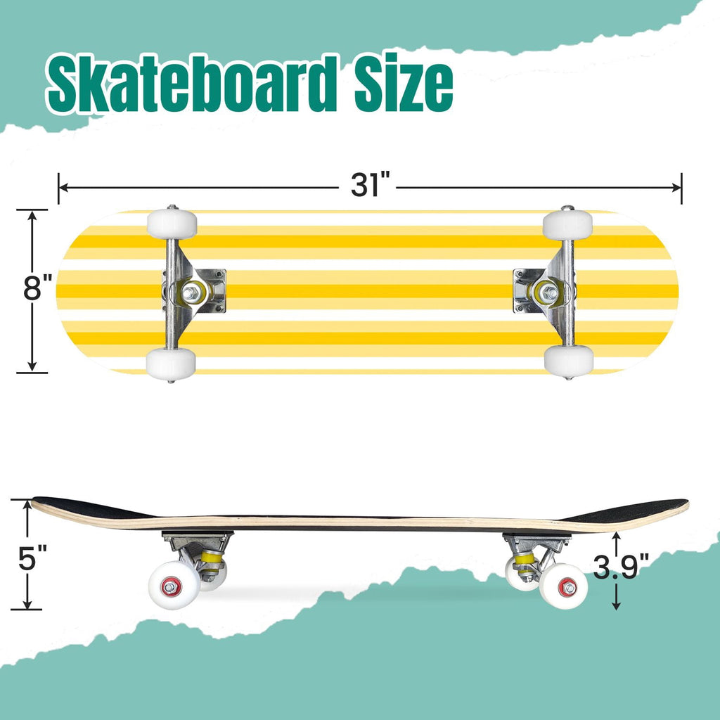 Yellow White Vertical Striped Soft Gradient Lines Minimalist Design 31" x 8" Complete Skateboard, 7-Ply Canadian Maple Double Kick Trick Board for Kids and Beginners Adult Gifts