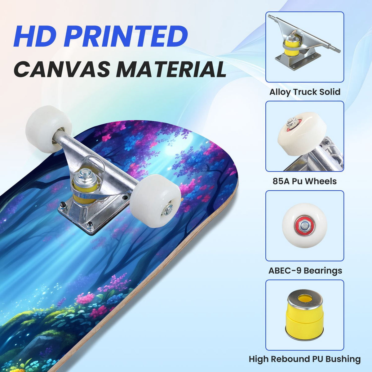 31"x8" Complete Skateboards for Beginners, Magical Forest Glowing Mushrooms Twinkling Fantasy Double Kick 7 Ply Canadian Maple Deck Skateboard with Wheels, Gifts for Kids Teens