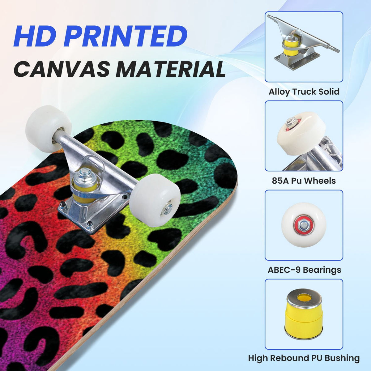 31"x8" Complete Skateboards for Beginners,Black Leopard Print Grey Double Kick 7 Ply Canadian Maple Deck Skateboard with Wheels, Gifts for Kids Teens