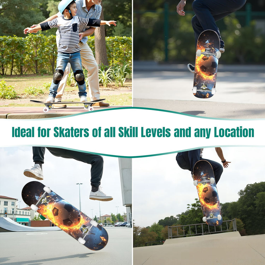 Dynamic Soccer Ball Explosion Energy Effects Stadium 31" x 8" Complete Skateboard, 7-Ply Canadian Maple Double Kick Trick Board for Kids and Beginners Adult Gifts
