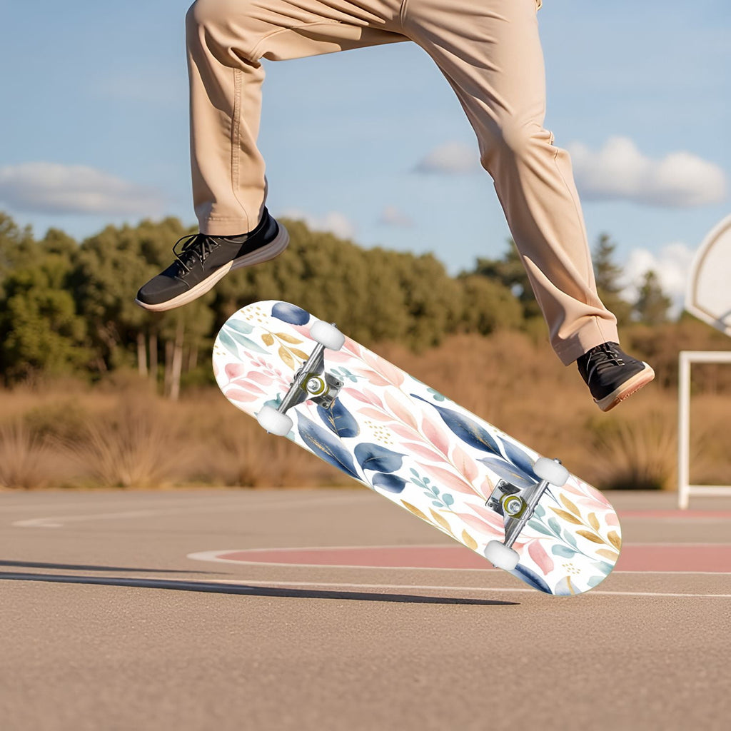 Modern Botanical Watercolor Pink Gold Mint Navy Leaves 31" x 8" Complete Skateboard, 7-Ply Canadian Maple Double Kick Trick Board for Kids and Beginners Adult Gifts