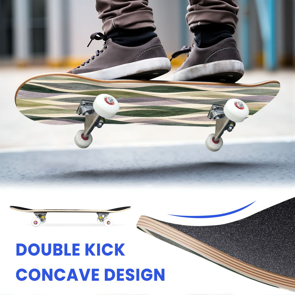 31"x8" Complete Skateboards for Beginners, Vibrant Purple Teal Floral Artwork Golden Accents Vintage Double Kick 7 Ply Canadian Maple Deck Skateboard with Wheels, Gifts for Kids Teens