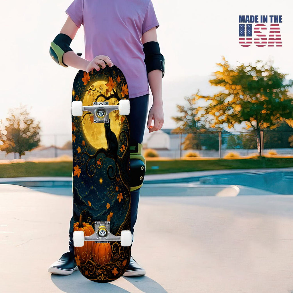31"x8" Complete Skateboards for Beginners,Halloween Forest Bats Black Cat Glowing Double Kick 7 Ply Canadian Maple Deck Skateboard with Wheels, Gifts for Kids Teens