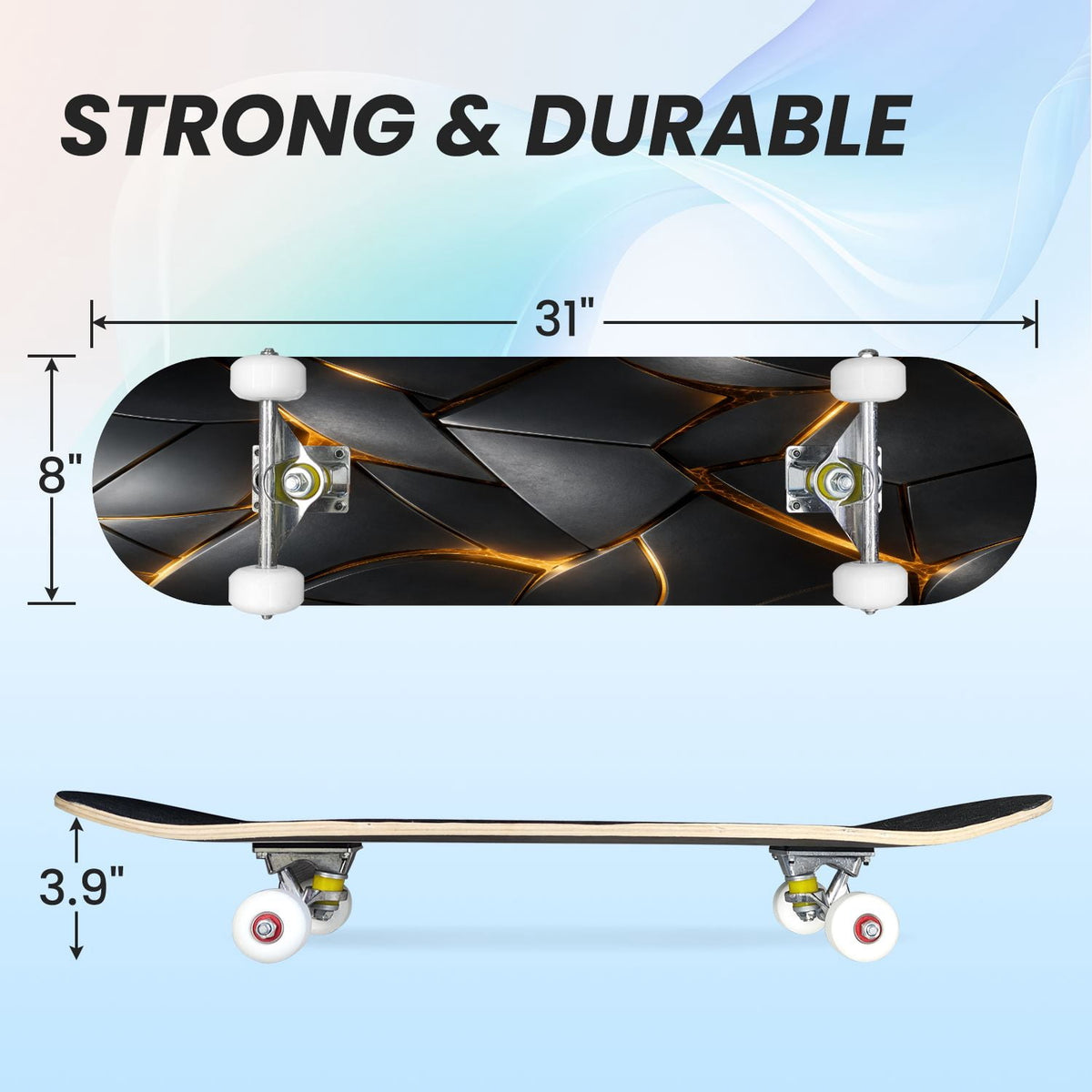 31"x8" Complete Skateboards for Beginners, Abstract Geometric Vibrant Neon Line Accents Dark Futuristic Double Kick 7 Ply Canadian Maple Deck Skateboard with Wheels, Gifts for Boys Teens