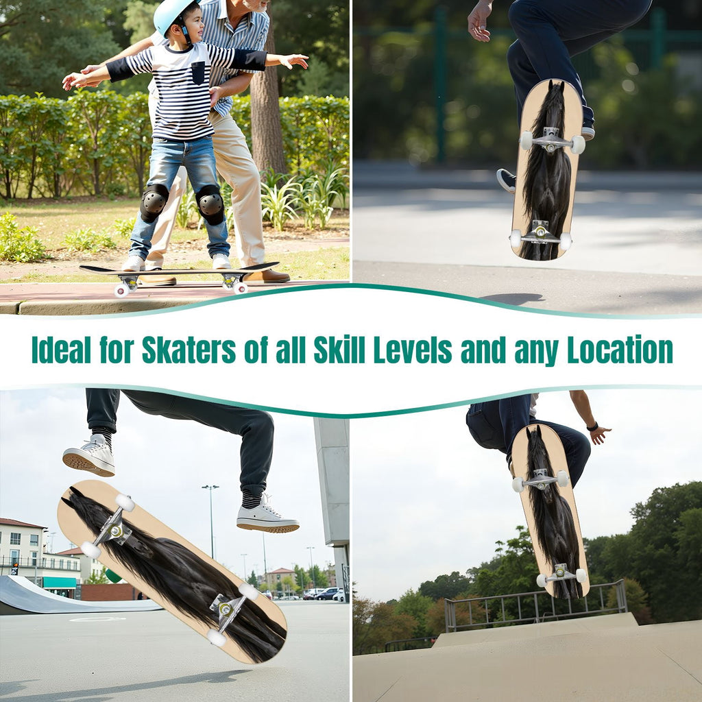 31"x8" Black Andalusian Horse Complete Skateboard for Beginners long mane 7 Layer Maple Deck Double Kick Kids Skateboard with 85A PU Wheels Gifts for Kids Teens