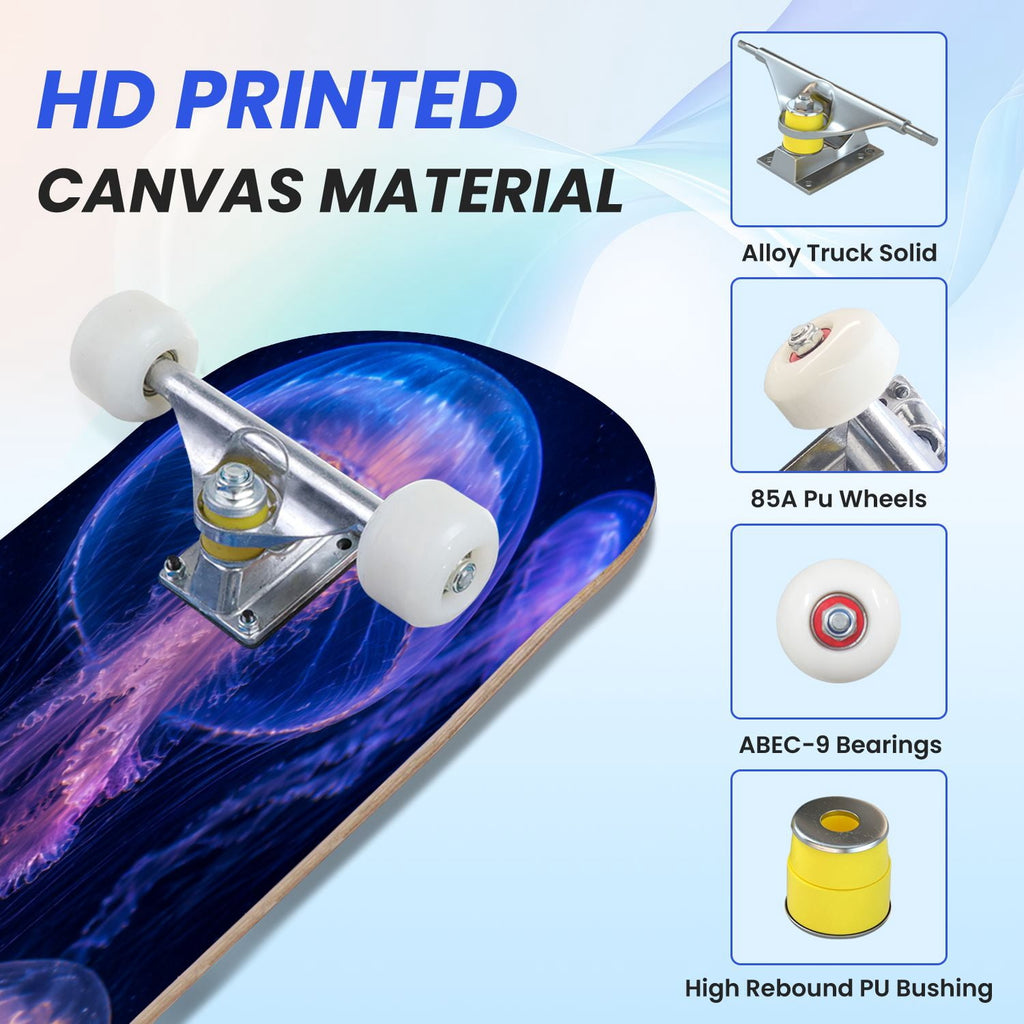 31"x8" Complete Skateboards for Beginners, Underwater Sharks Glowing Purple Jellyfish Marine Life Double Kick 7 Ply Canadian Maple Deck Skateboard with Wheels, Gifts for Kids Teens