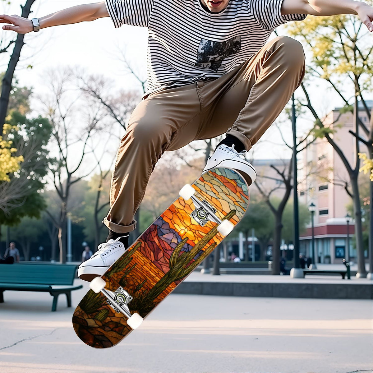 31"x8" Complete Skateboards for Beginners, Vibrant Stained Glass Window Butterflies Flowers Double Kick 7 Ply Canadian Maple Deck Skateboard with Wheels, Gifts for Kids Teens