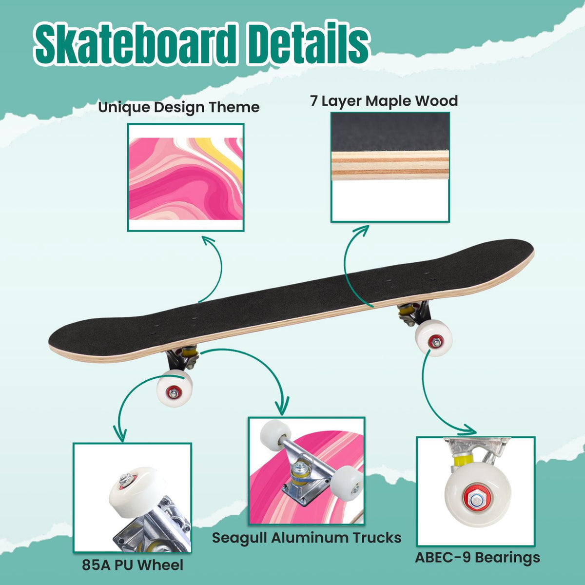 Pink Marble Fluid Abstract Design 31" x 8" Complete Skateboard, 7-Ply Canadian Maple Double Kick Trick Board for Kids and Beginners Adult Gifts