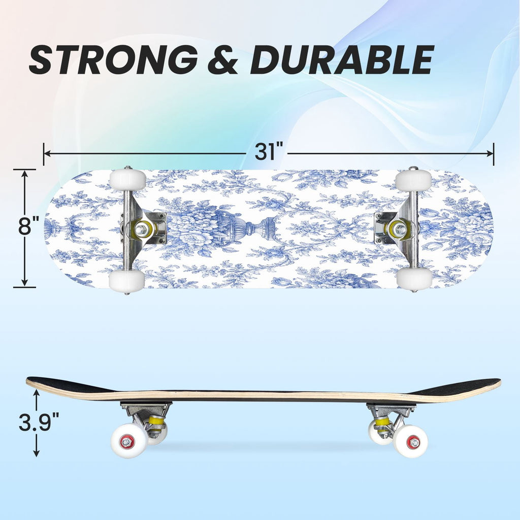 31"x8" Complete Skateboards for Beginners,Blue Botanical Leaf White Double Kick 7 Ply Canadian Maple Deck Skateboard with Wheels, Gifts for Kids Teens