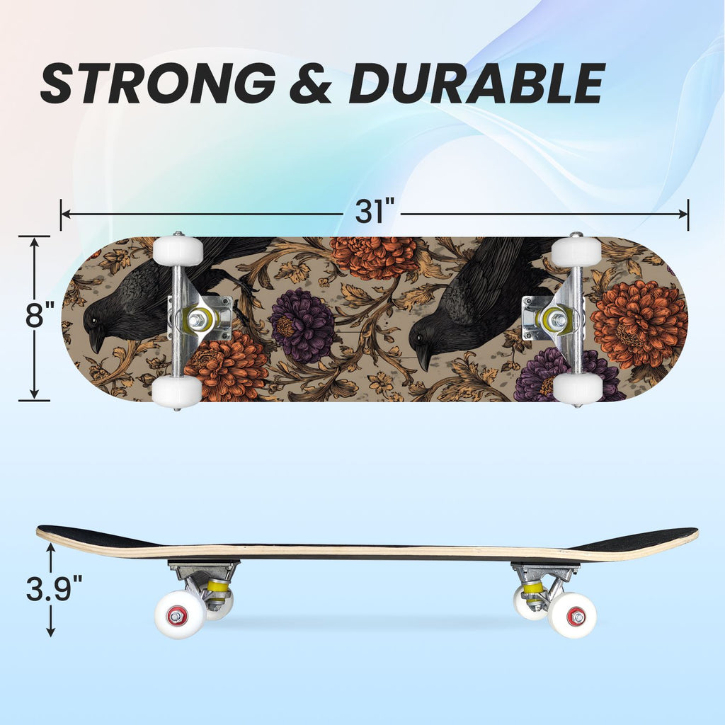 31"x8" Complete Skateboards for Beginners, Whimsical Butterfly Garden Watercolor Art Print Double Kick 7 Ply Canadian Maple Deck Skateboard with Wheels, Gifts for Kids Teens