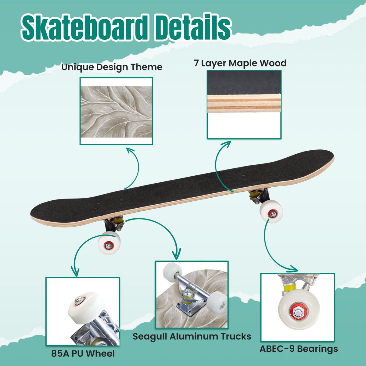 Moss Purple Flowers Rocky Ground 31" x 8" Complete Skateboard, 7-Ply Canadian Maple Double Kick Trick Board for Kids and Beginners Adult Gifts