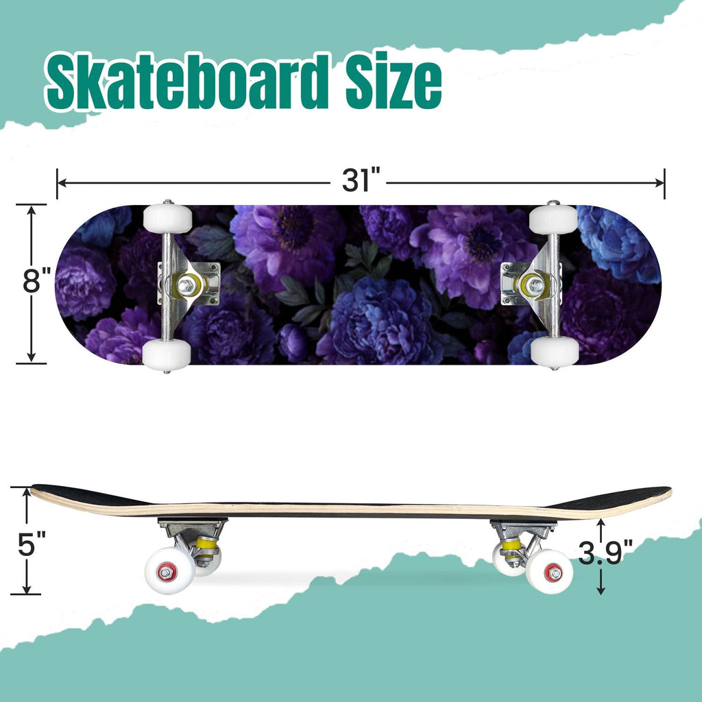 Gothic Purple Blue Floral Dark 31" x 8" Complete Skateboard, 7-Ply Canadian Maple Double Kick Trick Board for Kids and Beginners Adult Gifts