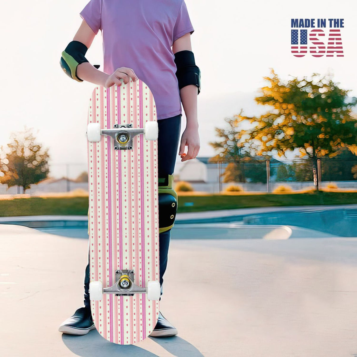 31"x8" Complete Skateboards for Beginners, Pink Floral Striped Delicate Leaves Flowers Botanical Double Kick 7 Ply Canadian Maple Deck Skateboard with Wheels, Gifts for Girls Teens