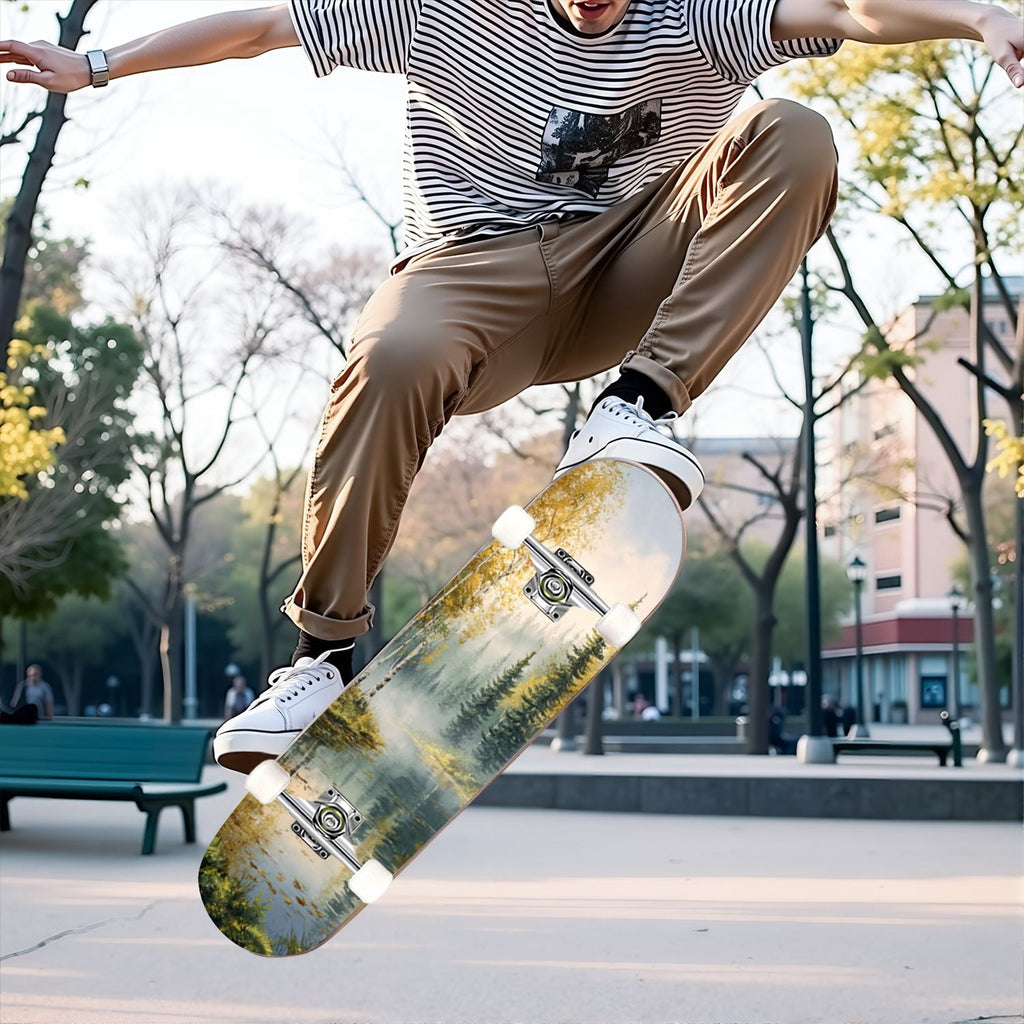 31"x8" Complete Skateboards for Beginners, Birch Trees Abstract Forest Branches Landscape Colorful Double Kick 7 Ply Canadian Maple Deck Skateboard with Wheels, Gifts for Kids Teens