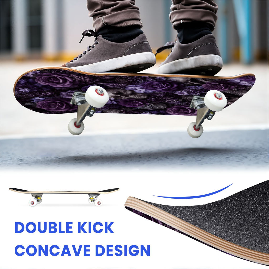 31"x8" Complete Skateboards for Beginners, Vibrant Purple Teal Floral Artwork Golden Accents Vintage Double Kick 7 Ply Canadian Maple Deck Skateboard with Wheels, Gifts for Kids Teens