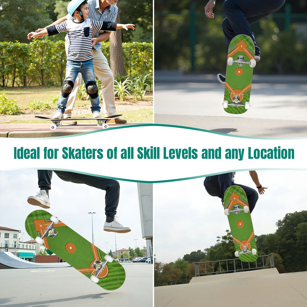 31"x8" Complete Skateboards for Beginners,Close up Baseball Red Stitches Leather Double Kick 7 Ply Canadian Maple Deck Skateboard with Wheels, Sports Gifts for Kids Teens