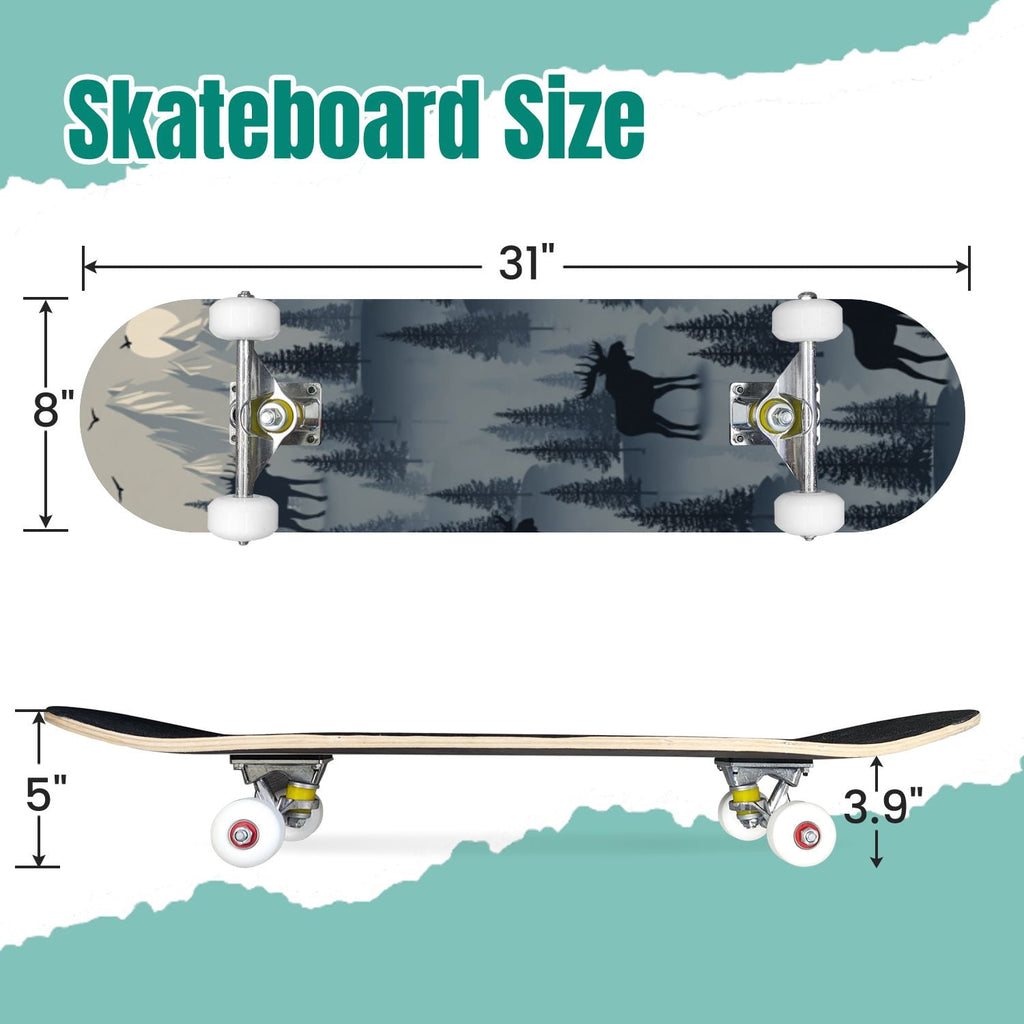 Botanical Floral Peonies Hummingbirds 31" x 8" Complete Skateboard, 7-Ply Canadian Maple Double Kick Trick Board for Kids and Beginners Adult Gifts