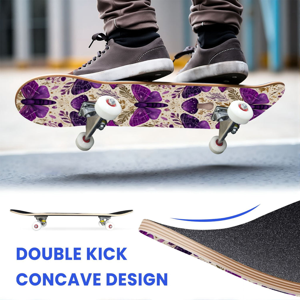 31"x8" Complete Skateboards for Beginners,Whimsical Blue Butterflies Green Foliage Dark Night Fantasy Double Kick 7 Ply Canadian Maple Deck Skateboard with Wheels, Gifts for Kids Teens