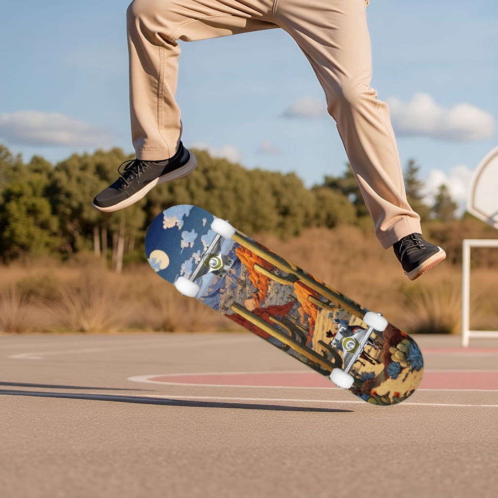 Western Cowboy Horses Desert Landscape 31" x 8" Complete Skateboard, 7-Ply Canadian Maple Double Kick Trick Board for Kids and Beginners Adult Gifts