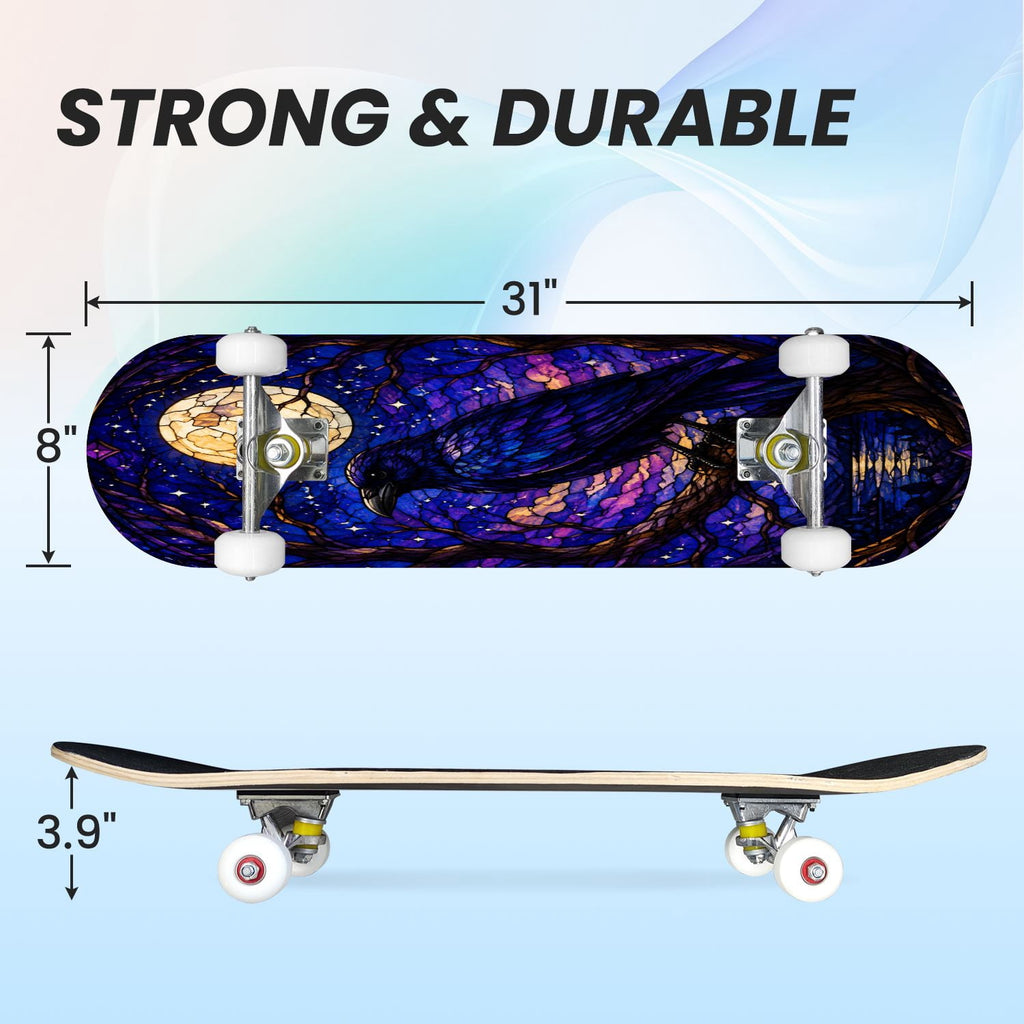 31"x8" Complete Skateboards for Beginners, Colorful Mushroom Floral Magical Night Forest Vintage Double Kick 7 Ply Canadian Maple Deck Skateboard with Wheels, Gifts for Kids Teens