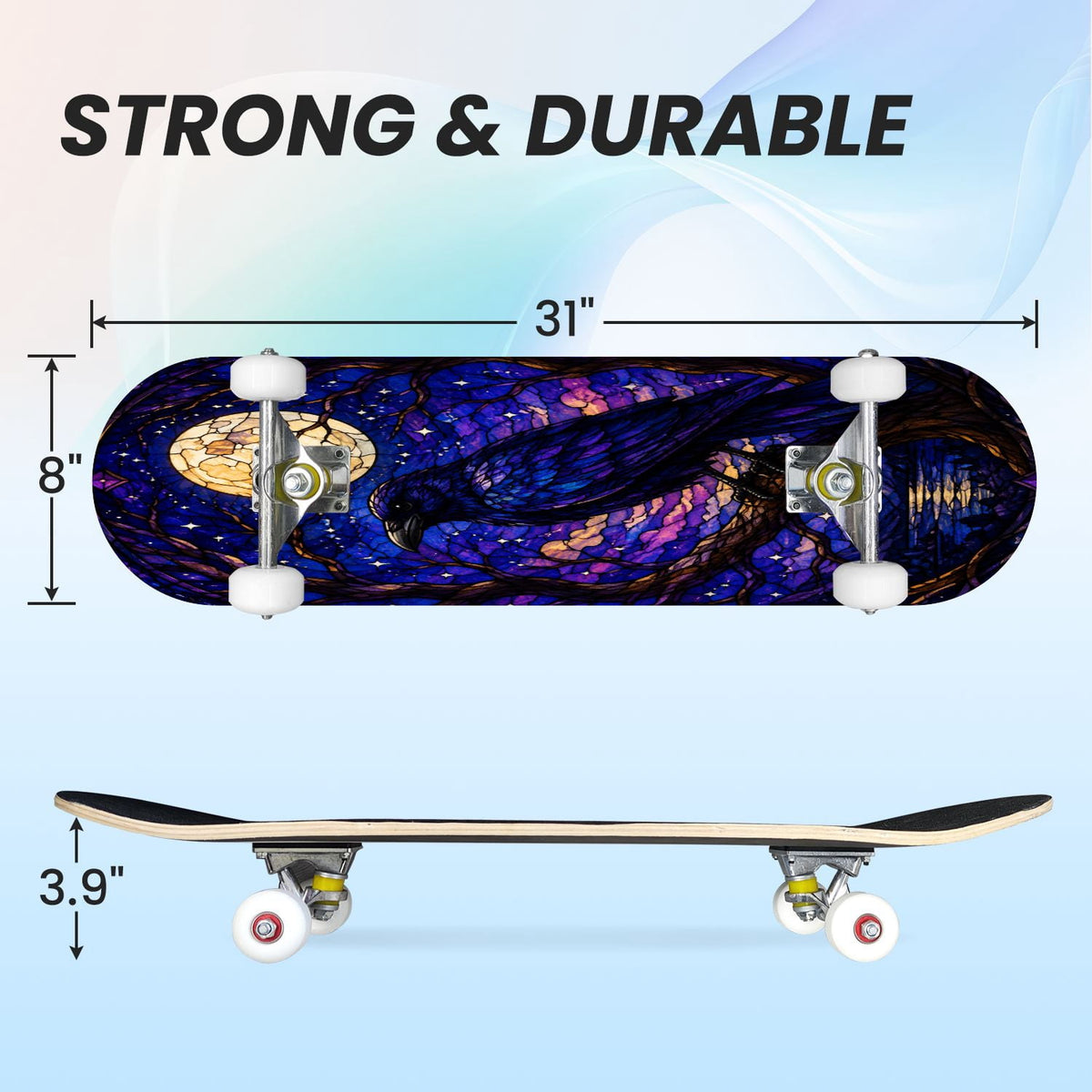 31"x8" Complete Skateboards for Beginners, Colorful Mushroom Floral Magical Night Forest Vintage Double Kick 7 Ply Canadian Maple Deck Skateboard with Wheels, Gifts for Kids Teens