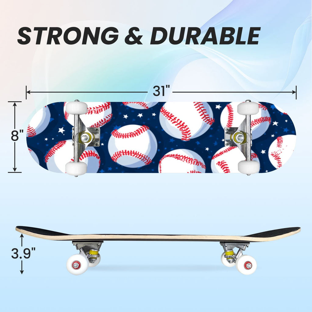 31"x8" Complete Skateboards for Beginners,Vintage Baseball Worn Red Stitches Rustic Double Kick 7 Ply Canadian Maple Deck Skateboard with Wheels, Sports Gifts for Kids Teens