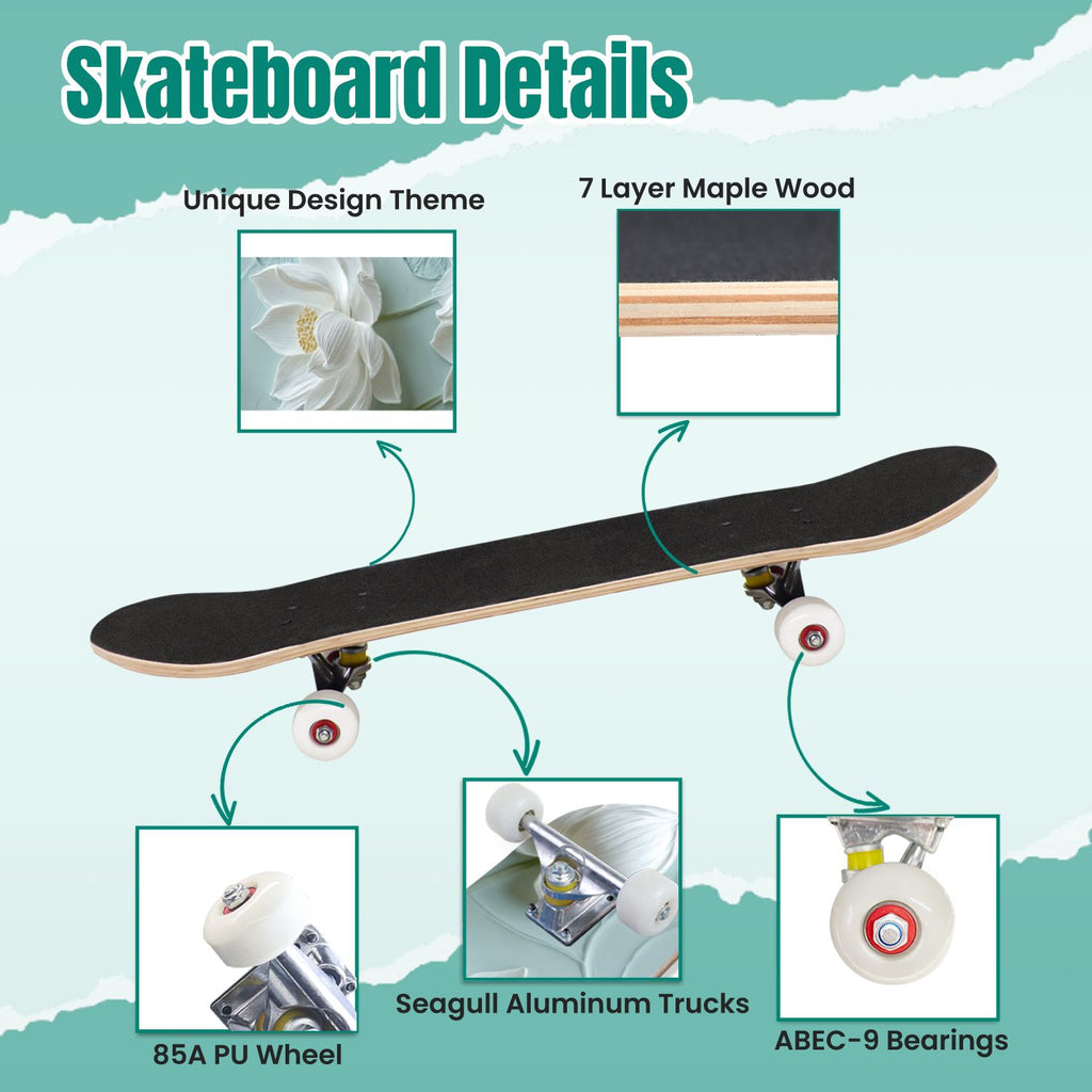 Moss Purple Flowers Rocky Ground 31" x 8" Complete Skateboard, 7-Ply Canadian Maple Double Kick Trick Board for Kids and Beginners Adult Gifts