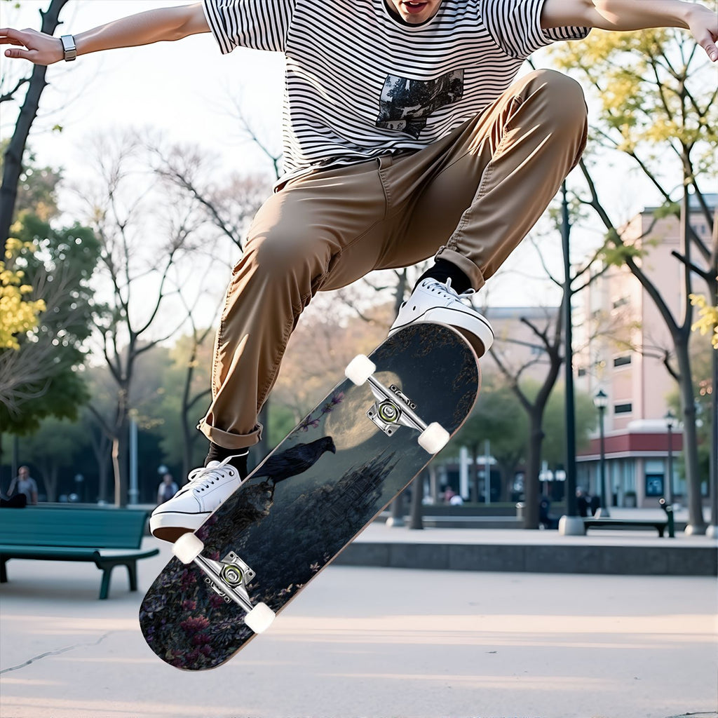 31"x8" Complete Skateboards for Beginners, Skeleton Tree Figure Antler Branches Dark Academia Flowers Double Kick 7 Ply Canadian Maple Deck Skateboard with Wheels, Gifts for Kids Teens