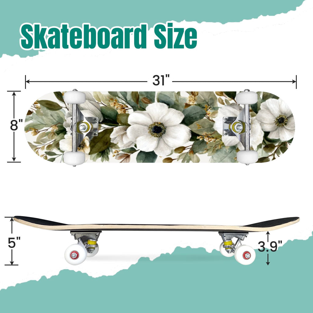 Vintage Damask Light Blue Brown Tones 31" x 8" Complete Skateboard, 7-Ply Canadian Maple Double Kick Trick Board for Kids and Beginners Adult Gifts