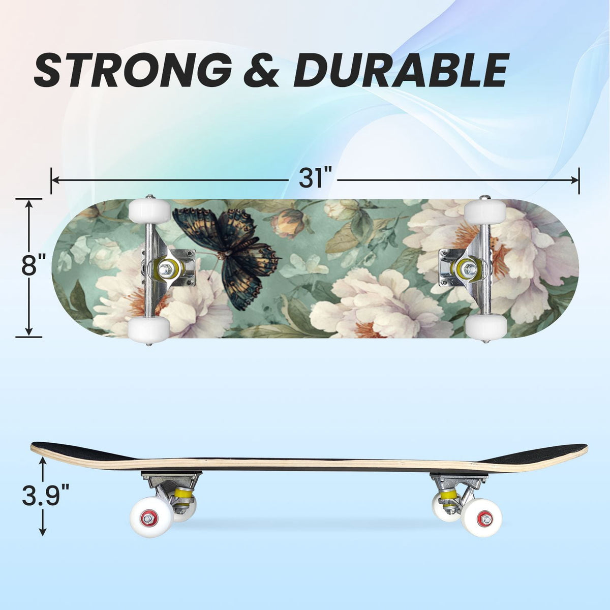 31"x8" Complete Skateboards for Beginners, Whimsical Butterfly Garden Watercolor Art Print Double Kick 7 Ply Canadian Maple Deck Skateboard with Wheels, Gifts for Kids Teens