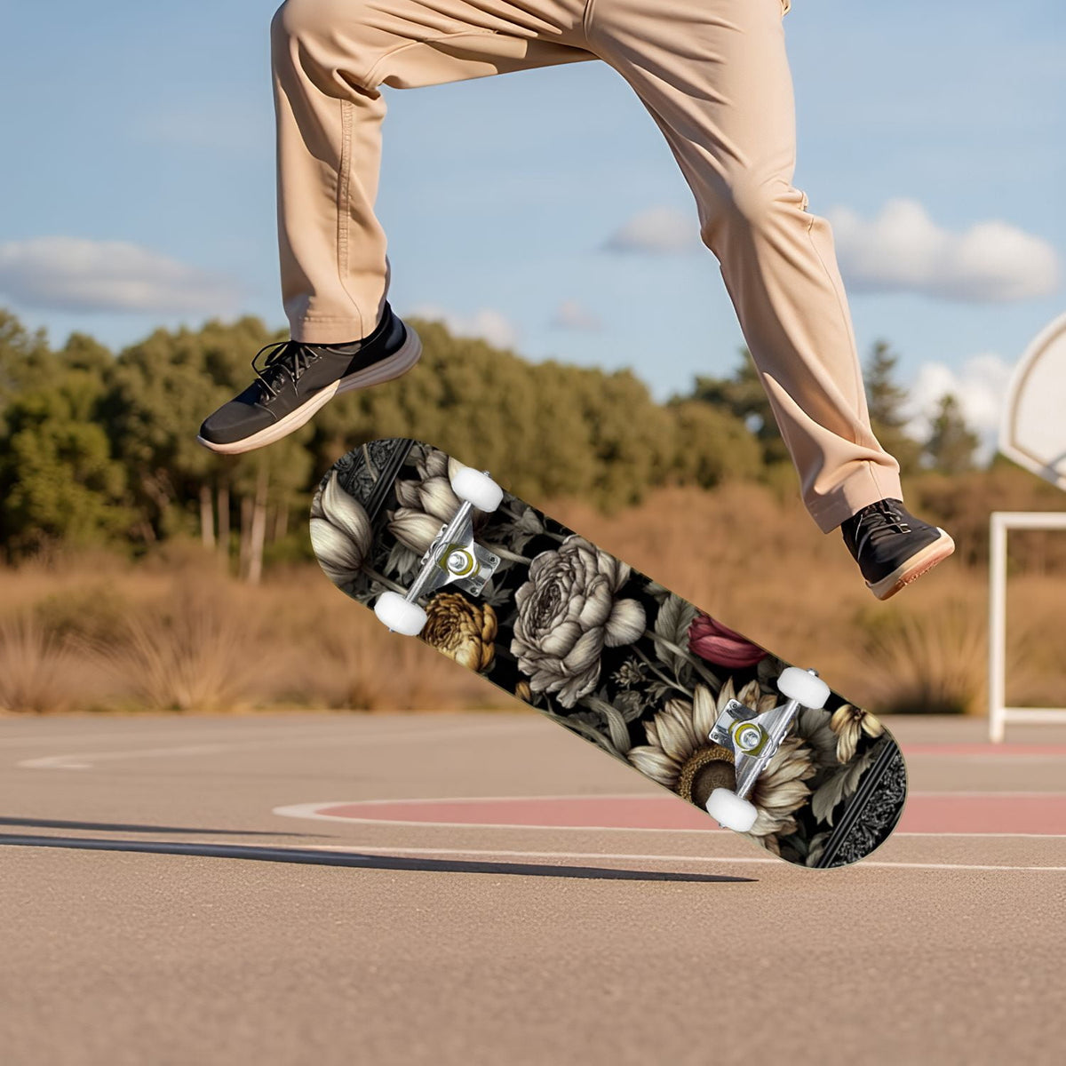 Gothic Purple Blue Floral Dark 31" x 8" Complete Skateboard, 7-Ply Canadian Maple Double Kick Trick Board for Kids and Beginners Adult Gifts