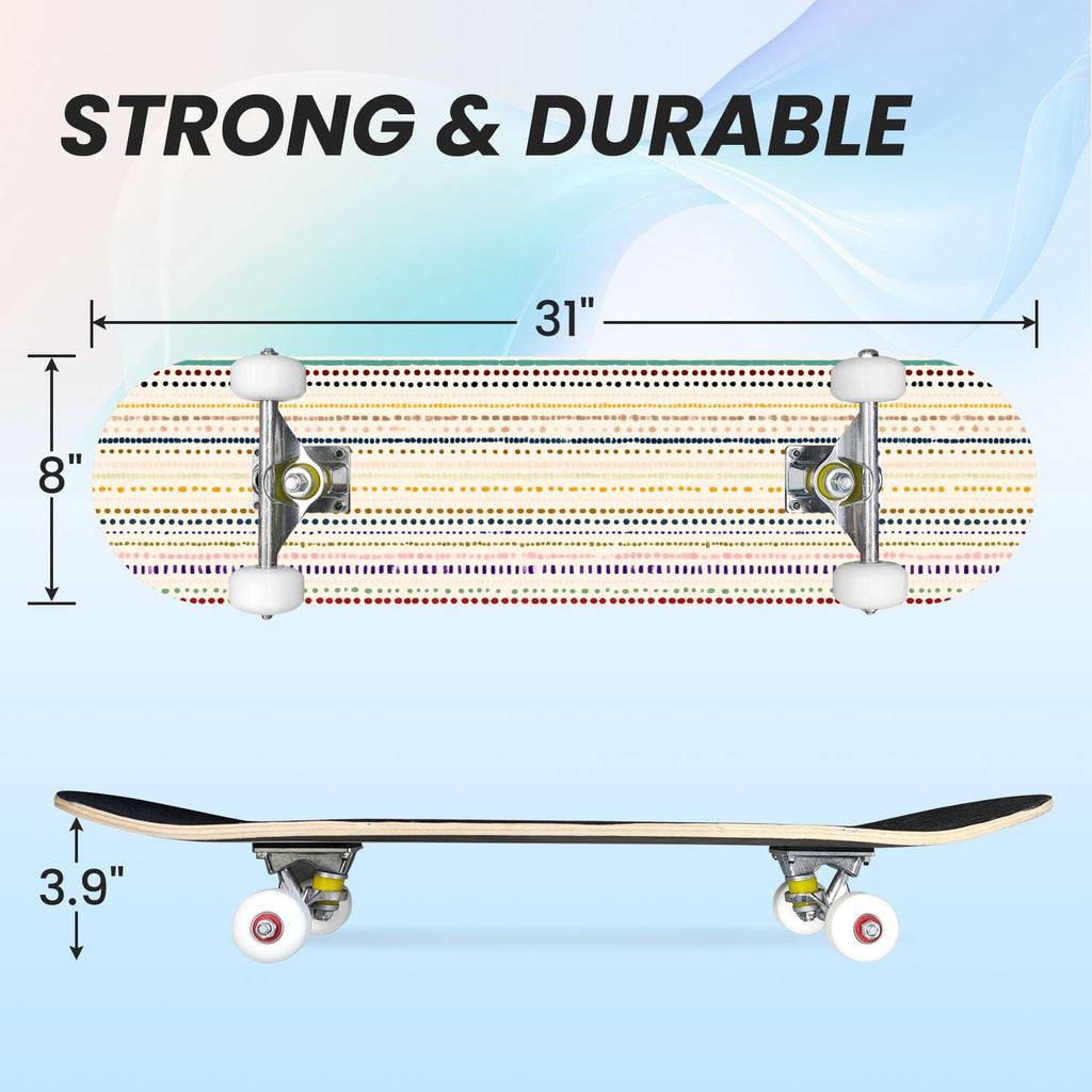 31"x8" Complete Skateboards for Beginners,Vibrant Diagonal Rainbow Gradient Abstract Art Double Kick 7 Ply Canadian Maple Deck Skateboard with Wheels, Gifts for Kids Teens