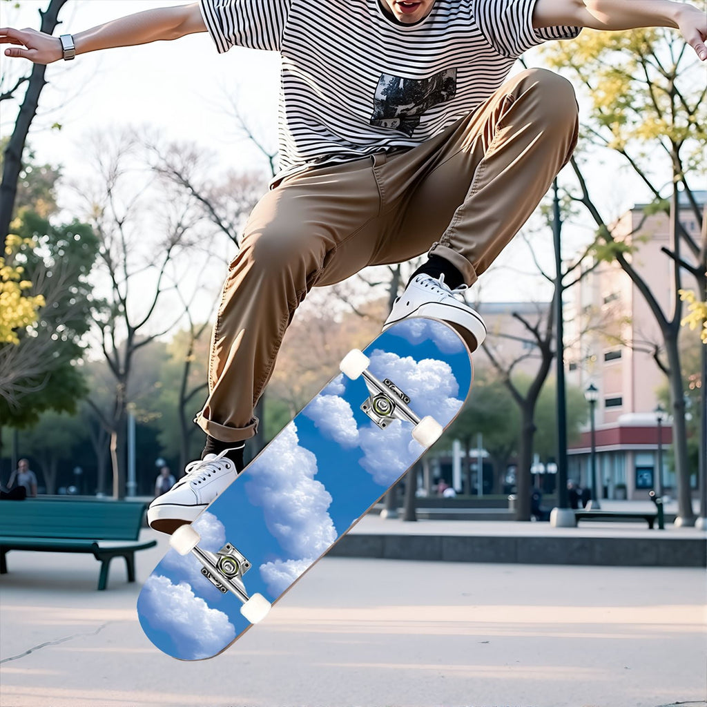 31"x8" Complete Skateboards for Beginners, Pastel Sky Fluffy Clouds Pink Purple Blue Summer Decor Double Kick 7 Ply Canadian Maple Deck Skateboard with Wheels, Gifts for Kids Teens