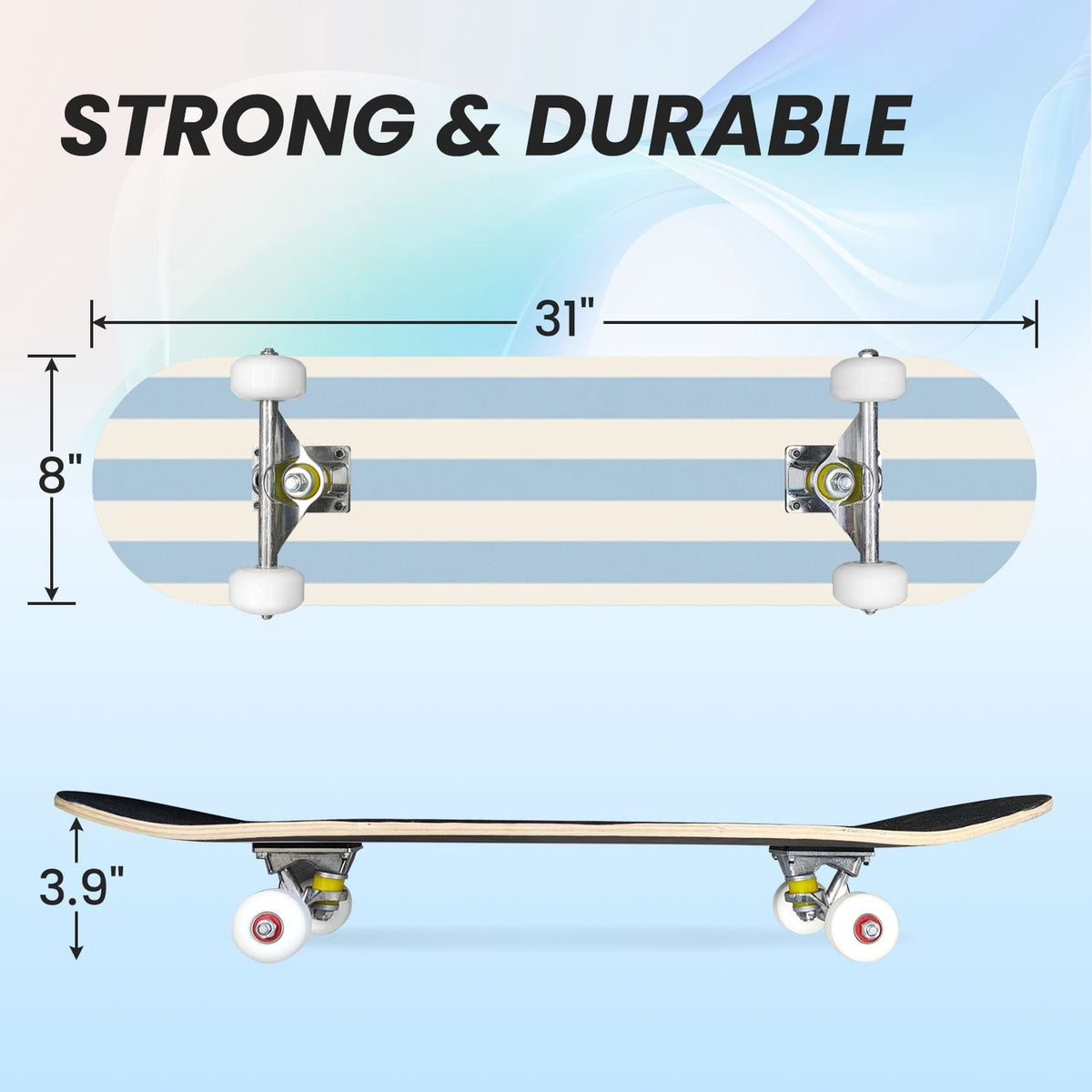 31"x8" Complete Skateboards for Beginners, Soft Blue Cream Striped Design Double Kick 7 Ply Canadian Maple Deck Skateboard with Wheels, Gifts for Kids Teens