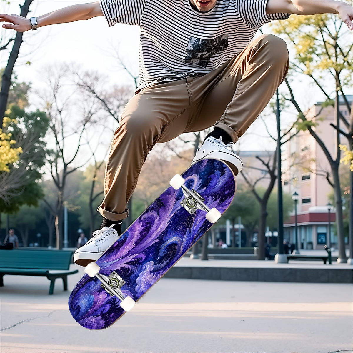 31"x8" Complete Skateboards for Beginners, Purple White Cosmos Flowers Butterflies Watercolor Double Kick 7 Ply Canadian Maple Deck Skateboard with Wheels, Gifts for Kids Teens