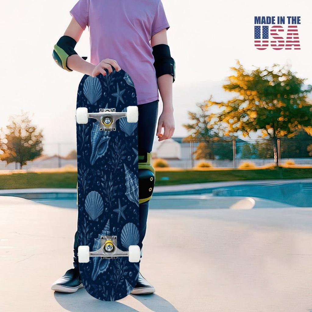 31"x8" Complete Skateboards for Beginners, Seashell Starfish Blue White Nautical Marine Life Double Kick 7 Ply Canadian Maple Deck Skateboard with Wheels, Gifts for Kids Teens