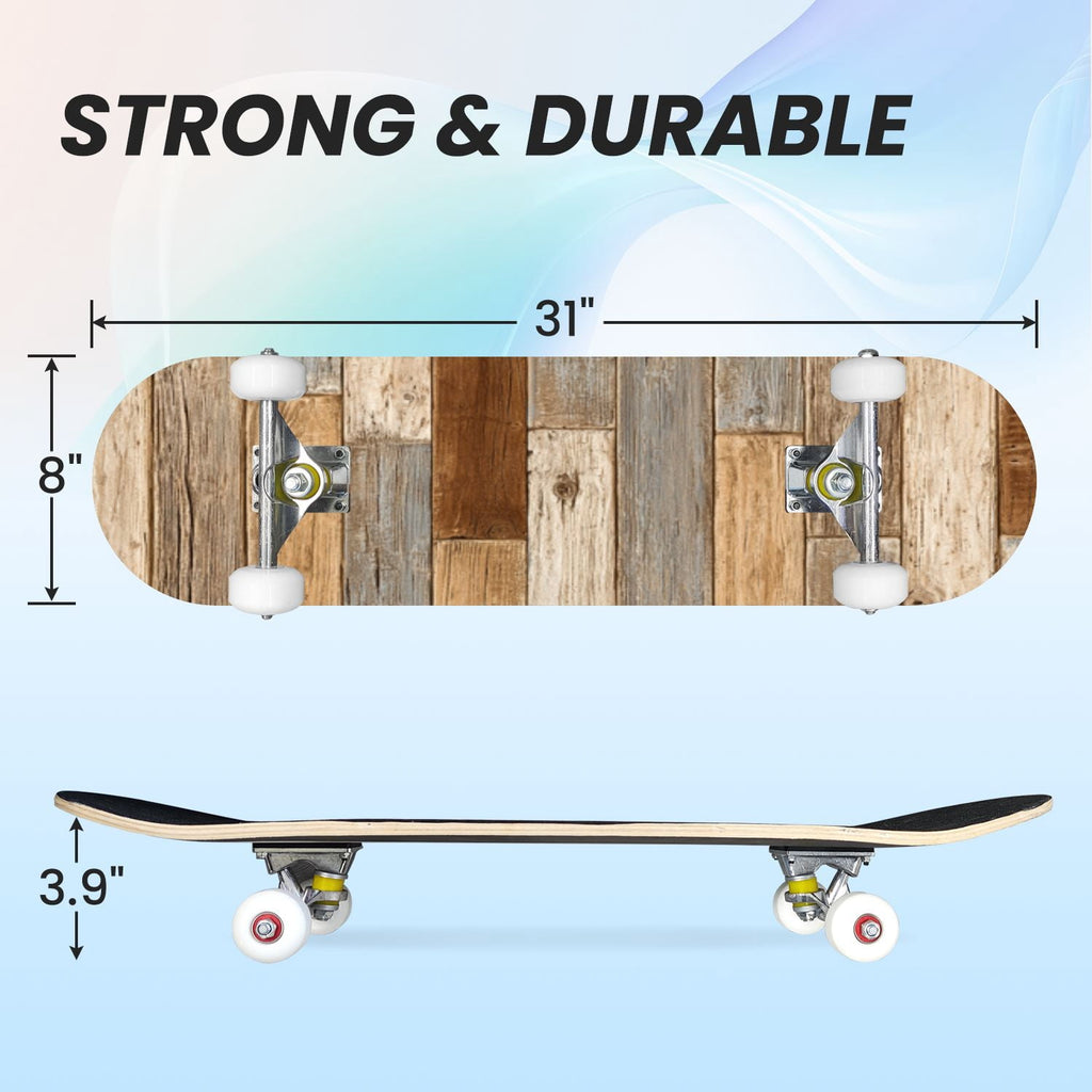 31"x8" Complete Skateboards for Beginners, Vintage Forest Woodland Large Trees Leaves River Cottage Double Kick 7 Ply Canadian Maple Deck Skateboard with Wheels, Gifts for Kids Teens
