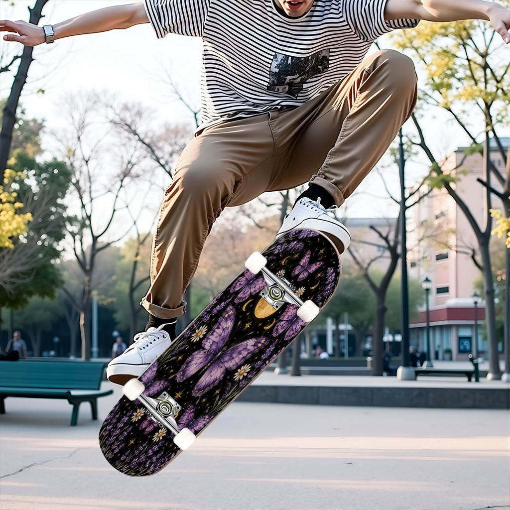 31"x8" Complete Skateboards for Beginners, Blue Moth Moonlight Flowers Mushrooms Forest Double Kick 7 Ply Canadian Maple Deck Skateboard with Wheels, Gifts for Kids Teens