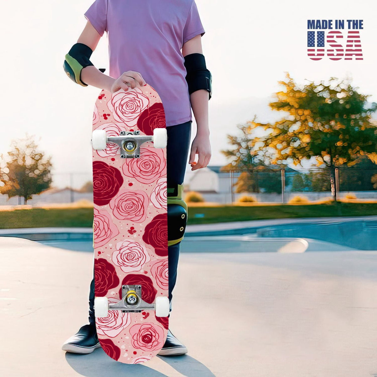 31"x8" Complete Skateboards for Beginners, Elegant Pink Red Roses Green Leaves Dark Double Kick 7 Ply Canadian Maple Deck Skateboard with Wheels, Gifts for Kids Teens