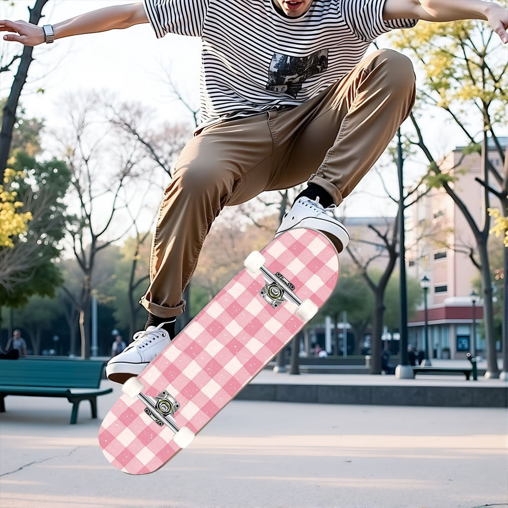 31"x8" Complete Skateboards for Beginners,Pink White Gingham Checkered Subtle Double Kick 7 Ply Canadian Maple Deck Skateboard with Wheels, Gifts for Kids Teens