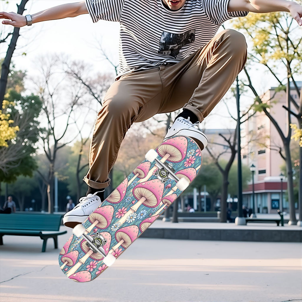 31"x8" Complete Skateboards for Beginners, Pink Floral Striped Delicate Leaves Flowers Botanical Double Kick 7 Ply Canadian Maple Deck Skateboard with Wheels, Gifts for Girls Teens