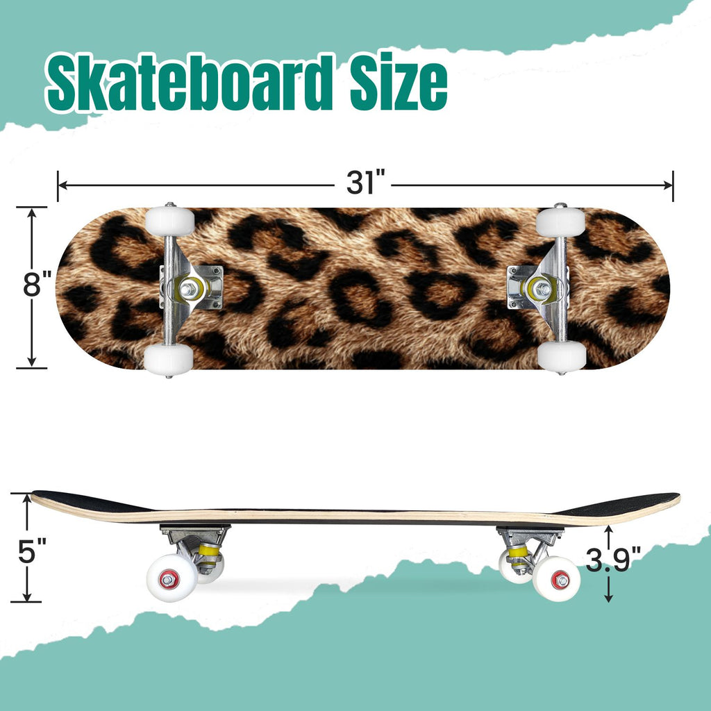 Tropical Jungle Leaf Teal Green Botanical 31" x 8" Complete Skateboard, 7-Ply Canadian Maple Double Kick Trick Board for Kids and Beginners Adult Gifts