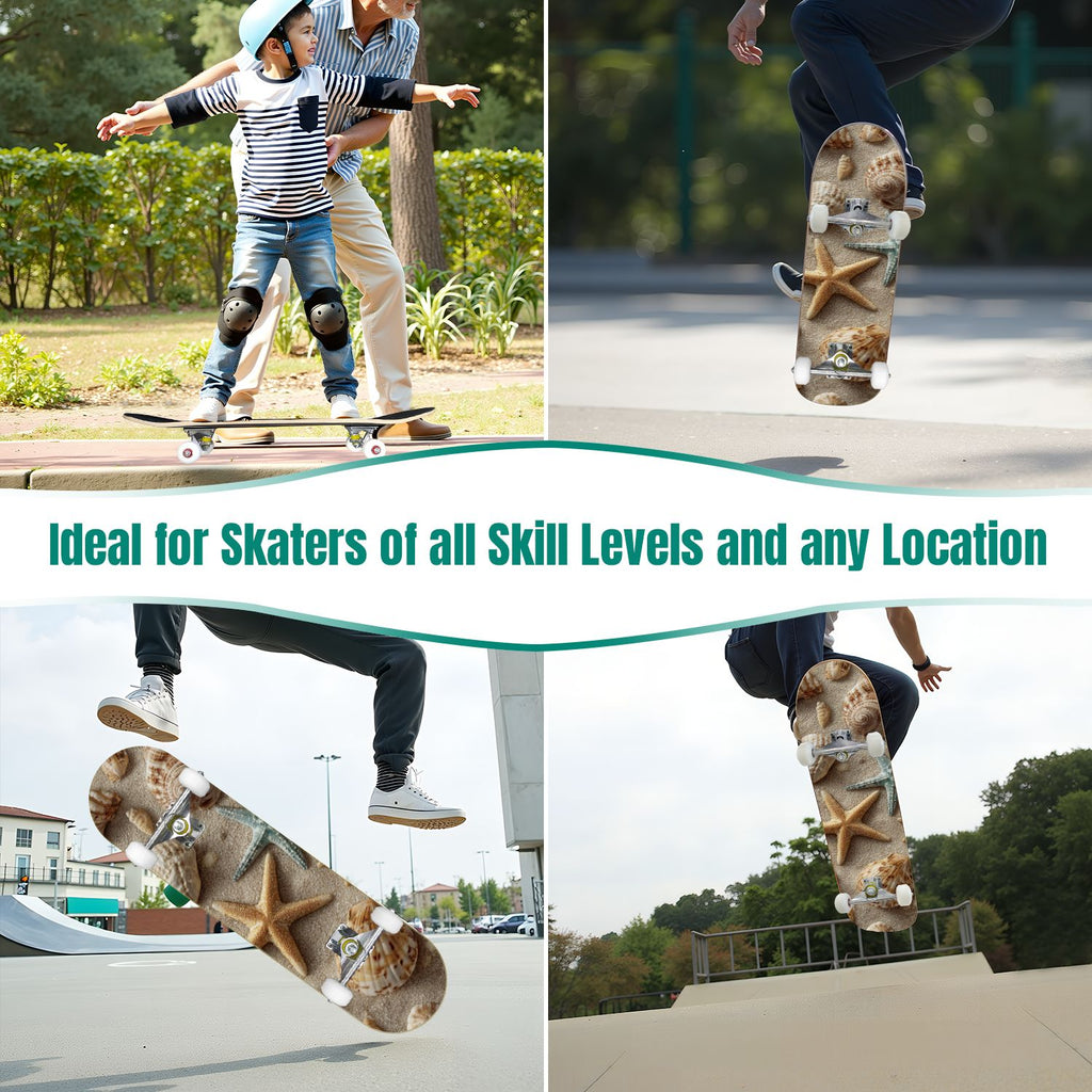 Delicate White Lotus Flowers Leaves Soft Blue 31" x 8" Complete Skateboard, 7-Ply Canadian Maple Double Kick Trick Board for Kids and Beginners Adult Gifts