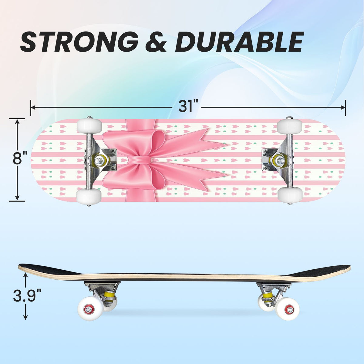 31"x8" Complete Skateboards for Beginners, Pink Bow Heart Vertical Stripes Romantic Double Kick 7 Ply Canadian Maple Deck Skateboard with Wheels, Gifts for Kids Teens
